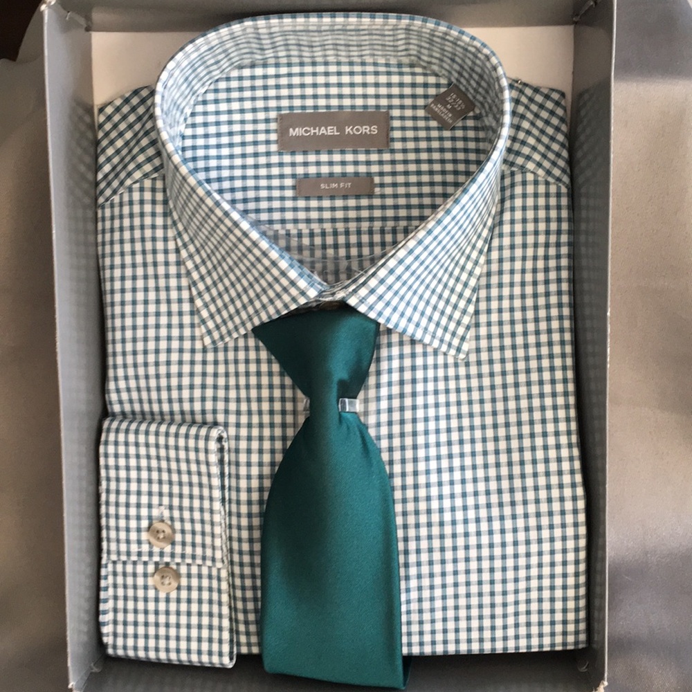 NWT MichaelKors Slim Fit Green Checker Shirt w/Tie - Picture 7 of 7